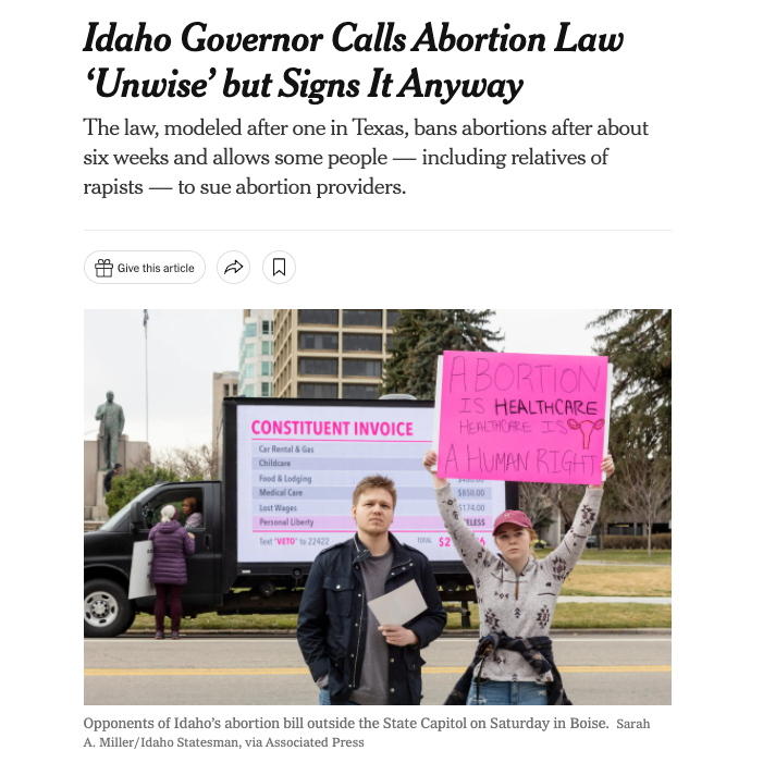 Screenshot of New York Times article featuring photo of a digital billboard Madison designed. The headline is Idaho Governor Calls Abortion Law ‘Unwise’ but Signs It Anyway.